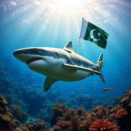 Imagine a powerful shark swimming underwater, dressed in an authentic Pakistan Army uniform