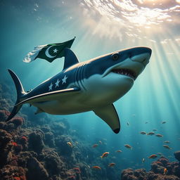 Imagine a powerful shark swimming underwater, dressed in an authentic Pakistan Army uniform