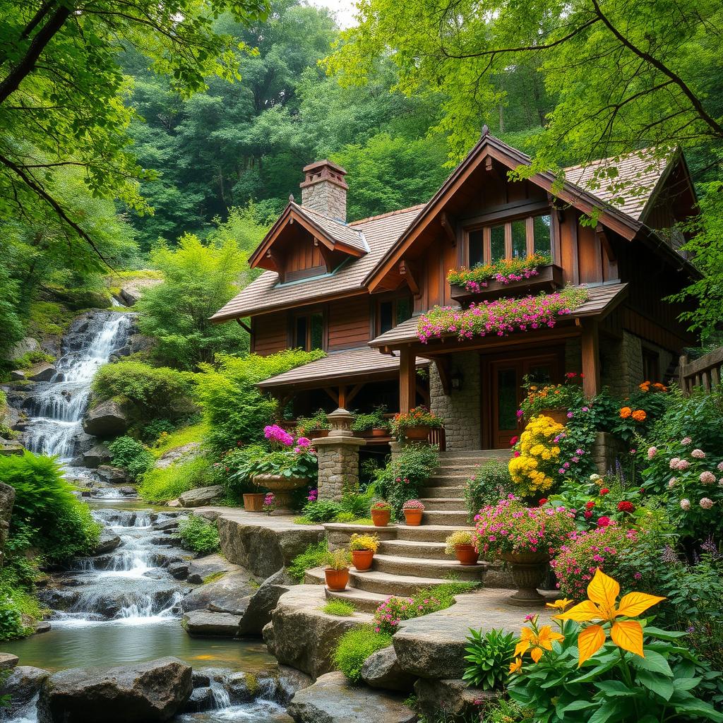 An old villa house full of charm and greenery, surrounded by beautiful flowers and plants in the middle of a forest, next to a stunning waterfall, with a very pleasant and serene atmosphere