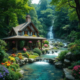 An old villa house full of charm and greenery, surrounded by beautiful flowers and plants in the middle of a forest, next to a stunning waterfall, with a very pleasant and serene atmosphere