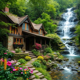 An old villa house full of charm and greenery, surrounded by beautiful flowers and plants in the middle of a forest, next to a stunning waterfall, with a very pleasant and serene atmosphere