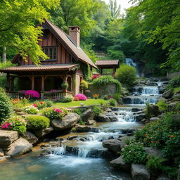 An old villa house full of charm and greenery, surrounded by beautiful flowers and plants in the middle of a forest, next to a stunning waterfall, with a very pleasant and serene atmosphere