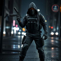 A skilled assassin in a sleek and tactical military outfit, featuring dark colors like black and army green