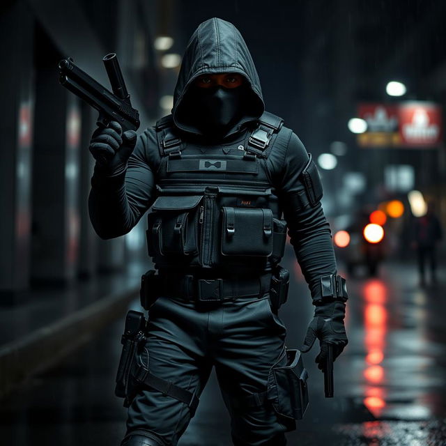 A skilled assassin in a sleek and tactical military outfit, featuring dark colors like black and army green