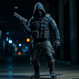 A skilled assassin in a sleek and tactical military outfit, featuring dark colors like black and army green