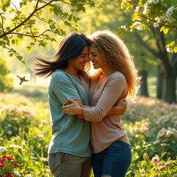 A warm and tender scene depicting two individuals in a heartfelt embrace