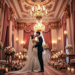 A dreamy and romantic wedding scene set in a grand palace adorned with magnificent decorations