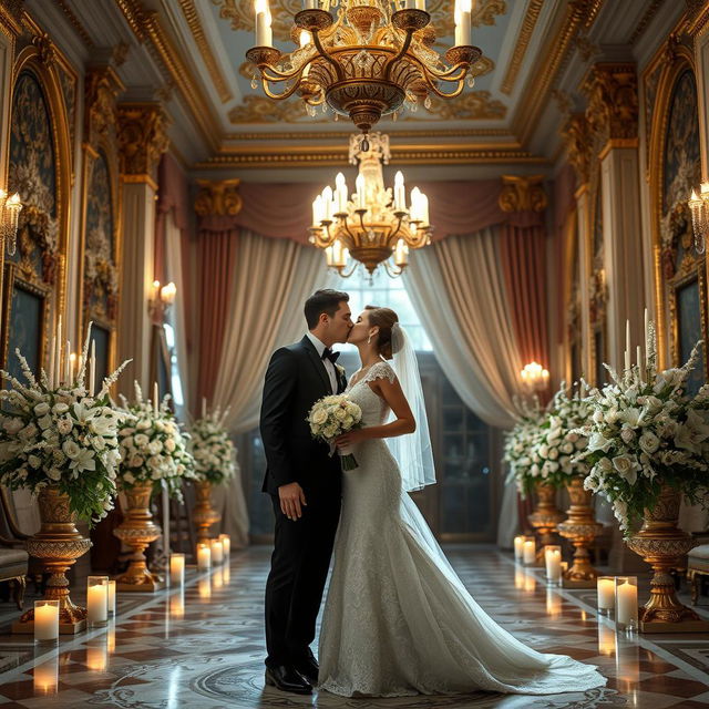 A dreamy and romantic wedding scene set in a grand palace adorned with magnificent decorations