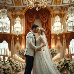 A dreamy and romantic wedding scene set in a grand palace adorned with magnificent decorations
