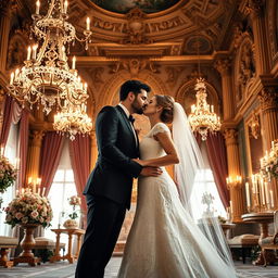 A dreamy and romantic wedding scene set in a grand palace adorned with magnificent decorations