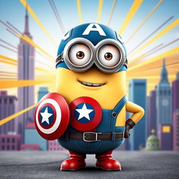 A playful Captain America minion character, styled with a round, chubby body dressed in a miniaturized, vibrant version of Captain America's iconic costume