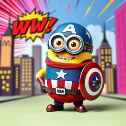 A playful Captain America minion character, styled with a round, chubby body dressed in a miniaturized, vibrant version of Captain America's iconic costume