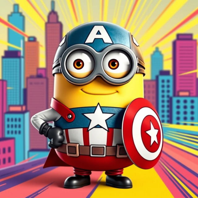 A playful Captain America minion character, styled with a round, chubby body dressed in a miniaturized, vibrant version of Captain America's iconic costume