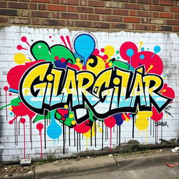 A vibrant and colorful street art mural featuring the bold, graffiti-style text "GILAR-GILAR" in dynamic, swirling lettering