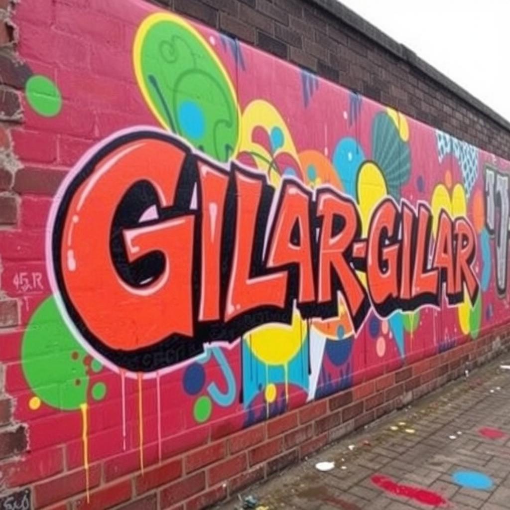 A vibrant and colorful street art mural featuring the bold, graffiti-style text "GILAR-GILAR" in dynamic, swirling lettering
