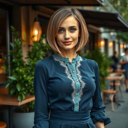 A stylish and alluring Russian woman aged 35 to 45, with a chic bob haircut that highlights her features beautifully