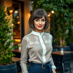 A stylish and alluring Russian woman aged 35 to 45, with a chic bob haircut that highlights her features beautifully