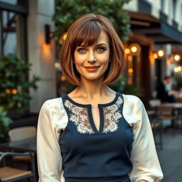 A stylish and alluring Russian woman aged 35 to 45, with a chic bob haircut that highlights her features beautifully