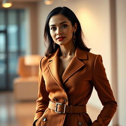 A full-body portrait of a stylish woman wearing a well-fitted blazer, elegantly posed in a bright and modern studio