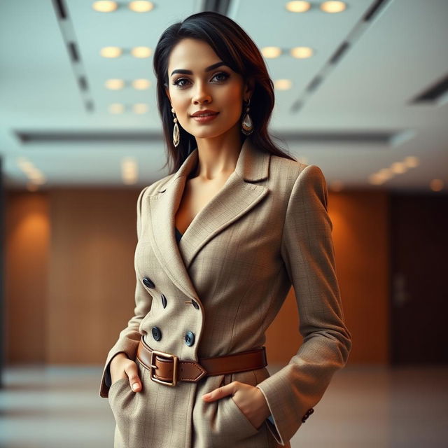 A full-body portrait of a stylish woman wearing a well-fitted blazer, elegantly posed in a bright and modern studio