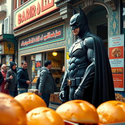 Batman dressed in his iconic black suit, standing outside a popular Iranian Barbari bread shop, looking intrigued as he inspects the fresh bread