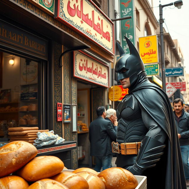 Batman dressed in his iconic black suit, standing outside a popular Iranian Barbari bread shop, looking intrigued as he inspects the fresh bread