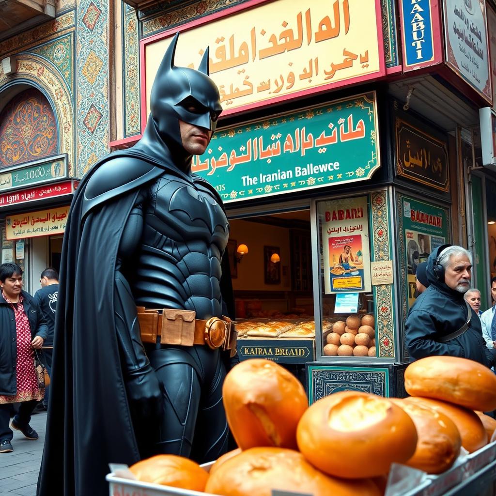 Batman dressed in his iconic black suit, standing outside a popular Iranian Barbari bread shop, looking intrigued as he inspects the fresh bread