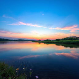 A serene and reflective body of water in a tranquil setting