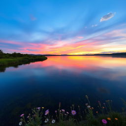 A serene and reflective body of water in a tranquil setting