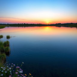 A serene and reflective body of water in a tranquil setting