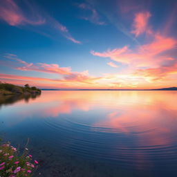 A serene and reflective body of water in a tranquil setting