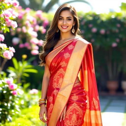 A beautiful woman wearing a traditional saree that accentuates her figure, with a stylish draping that showcases an alluring midriff