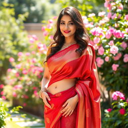 A beautiful woman wearing a traditional saree that accentuates her figure, with a stylish draping that showcases an alluring midriff