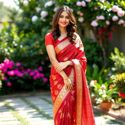 A beautiful woman wearing a traditional saree that accentuates her figure, with a stylish draping that showcases an alluring midriff