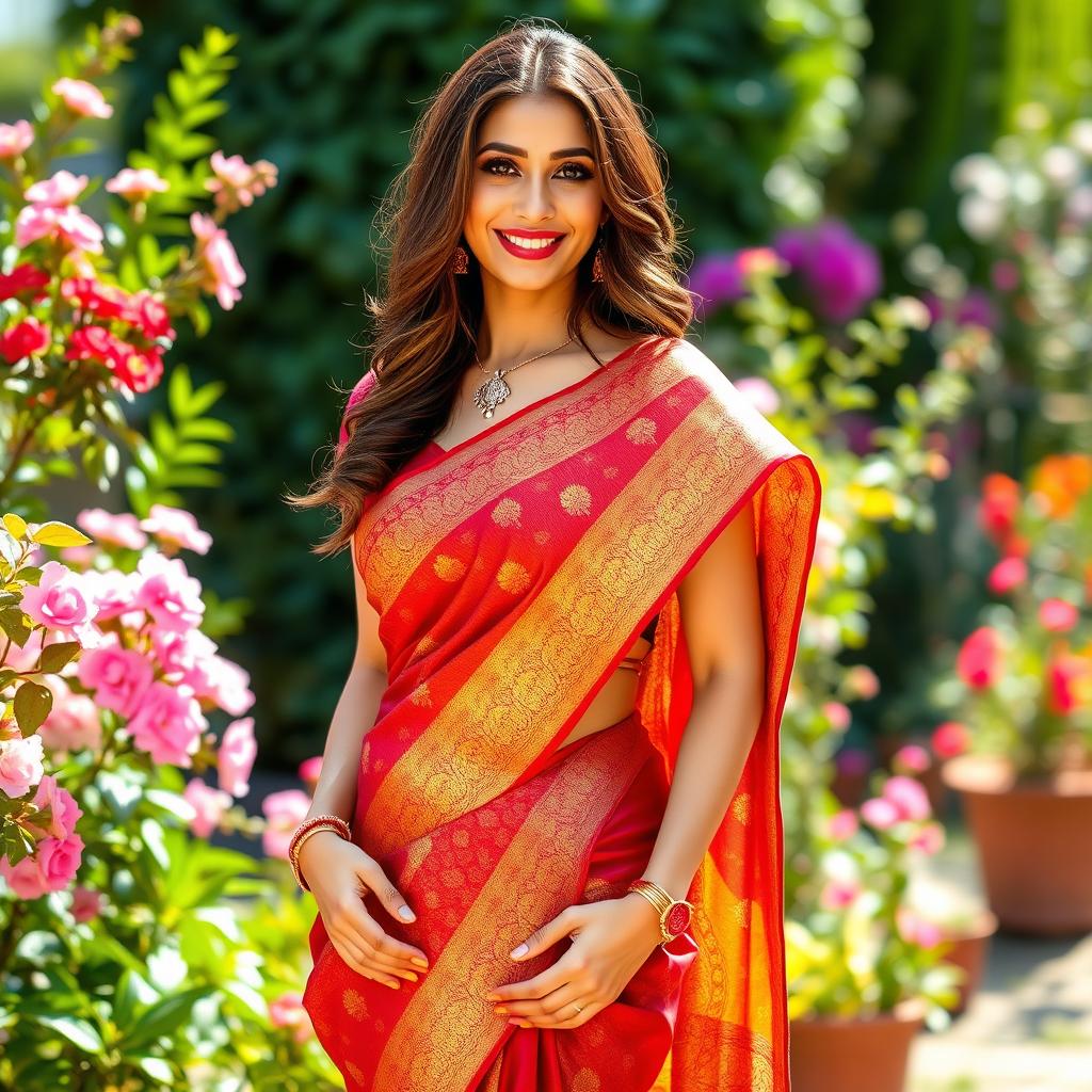 A beautiful woman wearing a traditional saree that accentuates her figure, with a stylish draping that showcases an alluring midriff