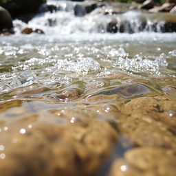 A close-up view of crystal-clear water cascading over smooth stones in a serene natural setting, with sparkles of sunlight reflecting off the surface, creating a tranquil and refreshing scene
