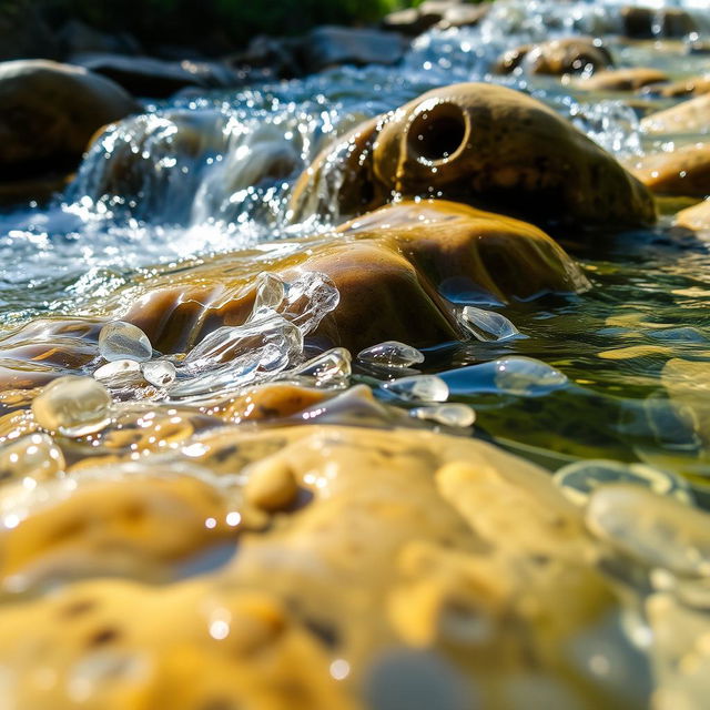 A close-up view of crystal-clear water cascading over smooth stones in a serene natural setting, with sparkles of sunlight reflecting off the surface, creating a tranquil and refreshing scene