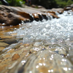 A close-up view of crystal-clear water cascading over smooth stones in a serene natural setting, with sparkles of sunlight reflecting off the surface, creating a tranquil and refreshing scene