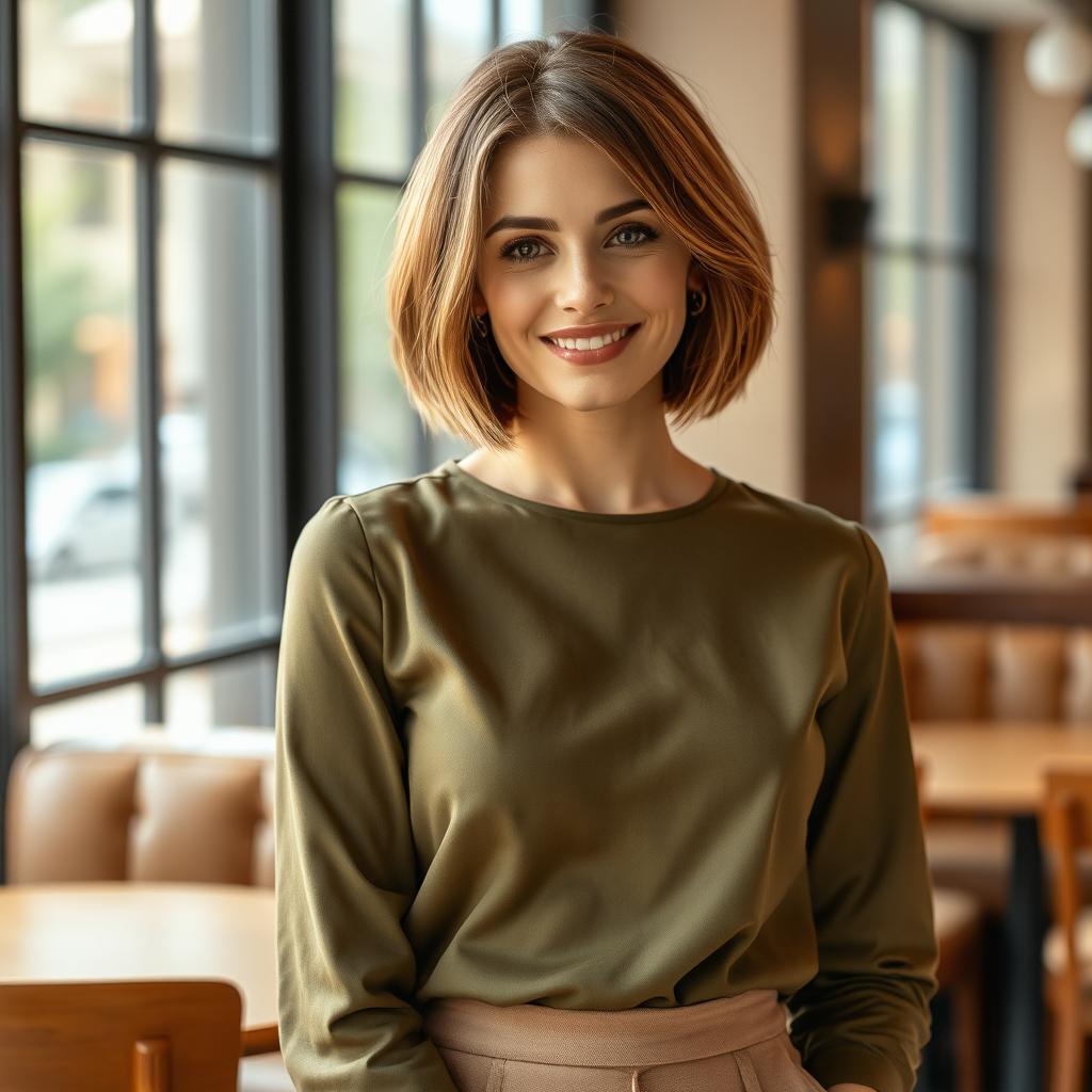 A stylish and attractive Russian woman aged 35 to 45, with a trendy bob haircut that emphasizes her facial features