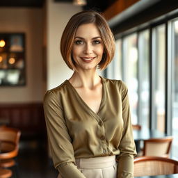A stylish and attractive Russian woman aged 35 to 45, with a trendy bob haircut that emphasizes her facial features