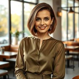 A stylish and attractive Russian woman aged 35 to 45, with a trendy bob haircut that emphasizes her facial features