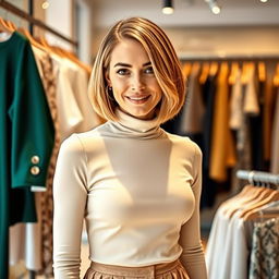 A fashionable and attractive Russian woman aged 35 to 45, featuring a stylish bob haircut that complements her elegant profile