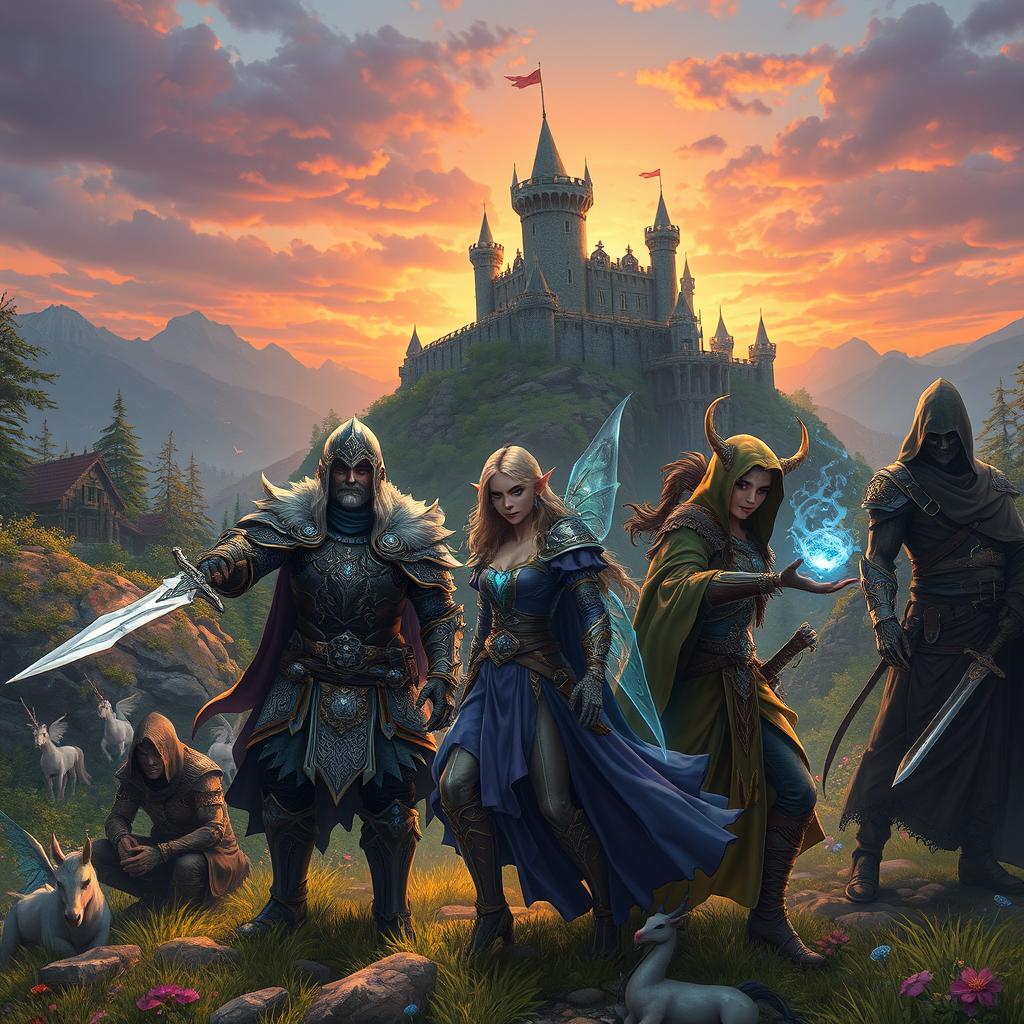 A captivating scene from a fantasy role-playing game, showcasing a group of diverse adventurers, each with distinct characteristics