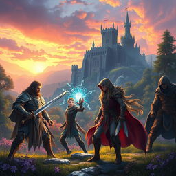A captivating scene from a fantasy role-playing game, showcasing a group of diverse adventurers, each with distinct characteristics
