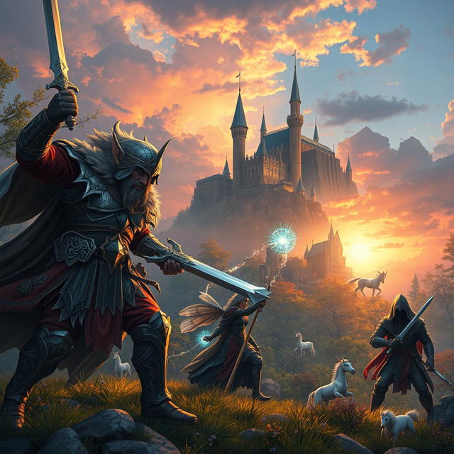 A captivating scene from a fantasy role-playing game, showcasing a group of diverse adventurers, each with distinct characteristics