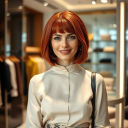 A fashionable and attractive Russian woman aged 35 to 45, featuring a stylish bob haircut with vibrant red hair that frames her face beautifully