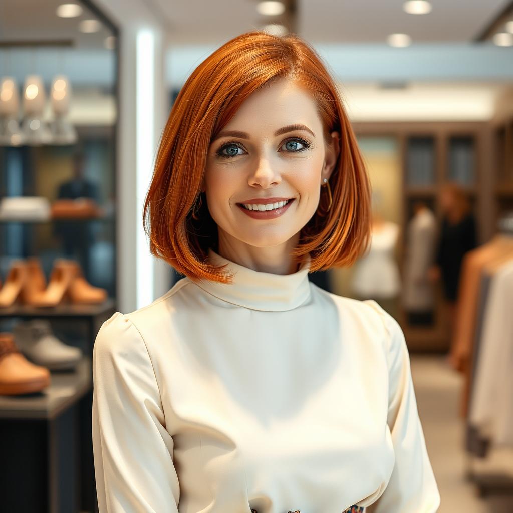 A fashionable and attractive Russian woman aged 35 to 45, featuring a stylish bob haircut with vibrant red hair that frames her face beautifully