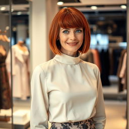 A fashionable and attractive Russian woman aged 35 to 45, featuring a stylish bob haircut with vibrant red hair that frames her face beautifully
