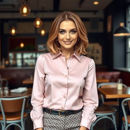 A stylish and attractive Russian woman aged 35 to 45, showcasing a fashionable shoulder-length hairstyle that frames her face elegantly