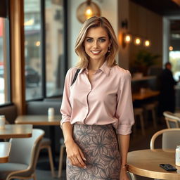 A stylish and attractive Russian woman aged 35 to 45, showcasing a fashionable shoulder-length hairstyle that frames her face elegantly